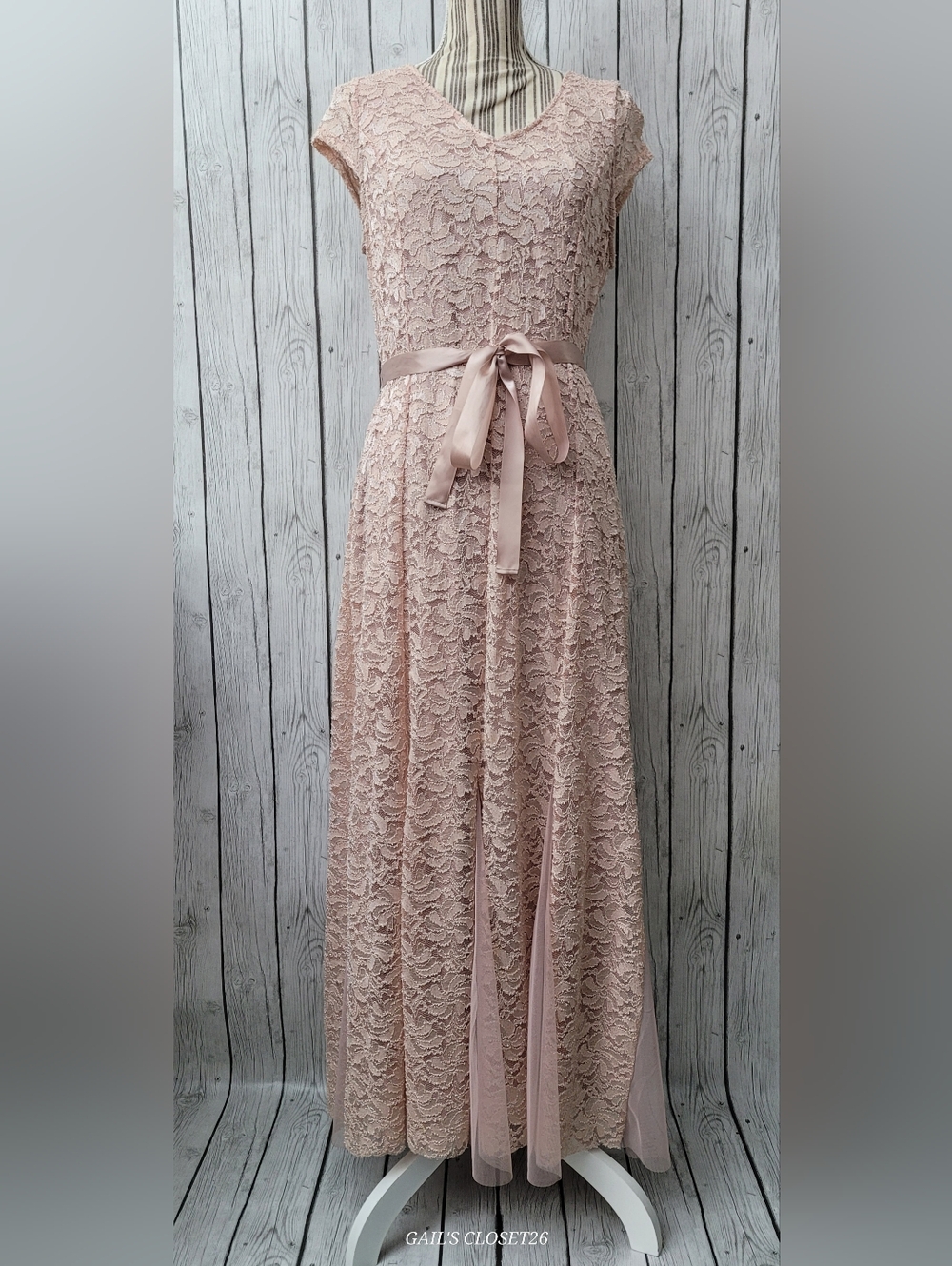 Candalite Petite Elegant Blush Lace Maxi Dress with Satin Belt, Size PXL